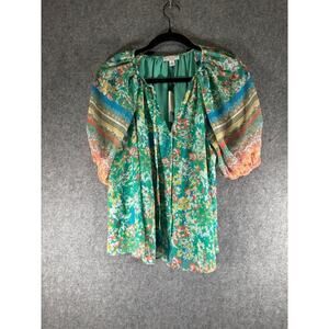 Current Air Blouse Women’s Small Green Short Sleeve Tied V‎ Neck Floral Boho NWT